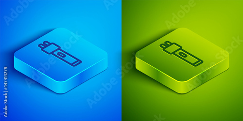 Isometric line Police electric shocker icon isolated on blue and green background. Shocker for protection. Taser is an electric weapon. Square button. Vector