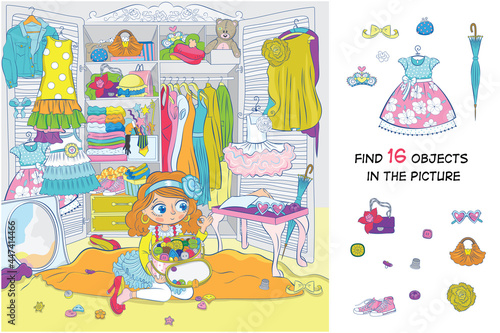 Find 16 items in the picture. Hidden objects puzzle. The girl fantasizes, chooses an outfit for herself. Funny cartoon character. 