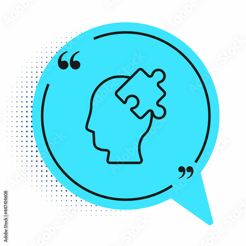 Black line Solution to the problem in psychology icon isolated on white background. Puzzle. Therapy for mental health. Blue speech bubble symbol. Vector