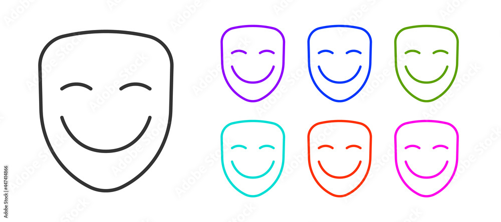 Obraz premium Black line Comedy theatrical mask icon isolated on white background. Set icons colorful. Vector