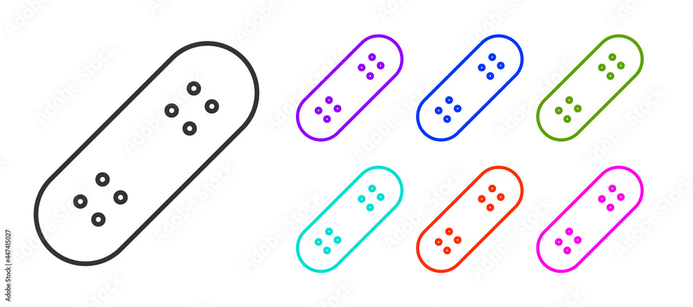 Black line Skateboard icon isolated on white background. Extreme sport. Sport equipment. Set icons colorful. Vector Black line Skateboard icon isolated on white background. Extreme sport. Sport equipment. Set icons colorful. Vector