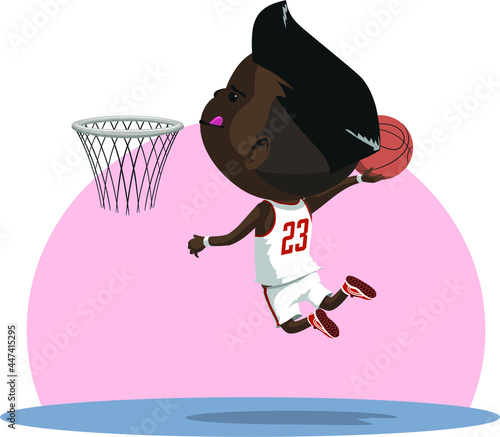 Cartoon basketball player vector illustration jumping to score