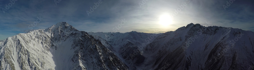 Caucasus, Ossetia. Kurtat gorge. Aerial panorama of the middle part of the valley.