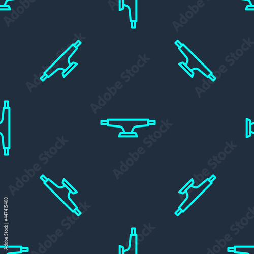 Green line Skateboard wheel icon isolated seamless pattern on blue background. Skateboard suspension. Skate wheel. Vector