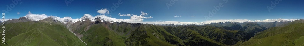 Caucasus, Ossetia. Lladon Gorge. Aerial panorama to the south of Tepli mountain.
