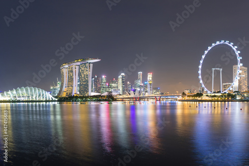 Panorama of Singapore cityscape. beautiful business modern building skyscraper around Marina bay at night