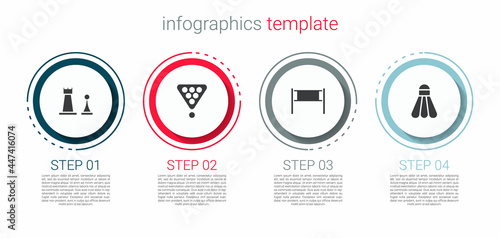 Set Chess, Billiard balls in rack triangle, Volleyball net and Badminton shuttlecock. Business infographic template. Vector