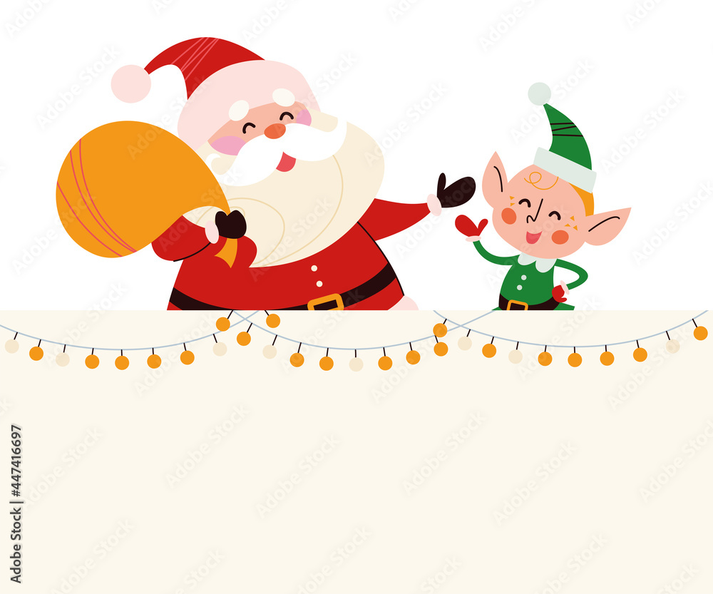 Christmas banner with cute happy winter characters. Santa Claus with gifts bag, elf wave greeting. Vector flat illustration. For cards, packaging, web, invitation, banner. Christmas banner with cute happy winter characters. Santa Claus with gifts bag, elf wave greeting. Vector flat illustration. For cards, packaging, web, invitation, banner.
