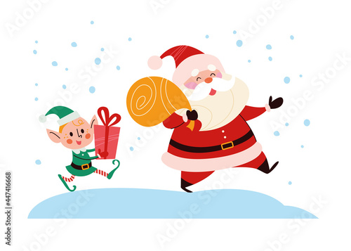 Funny cute Santa Claus character with bag full of presents and elf with gift box walk isolated. Vector flat cartoon illustration. For Christmas cards, banners, stickers, tags, patterns etc.