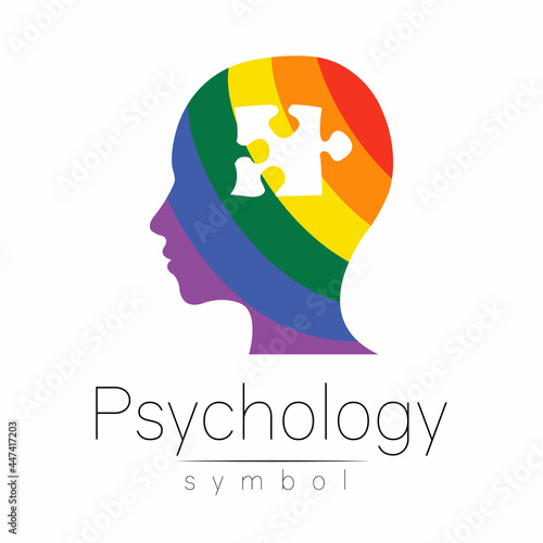 Modern logo head sign of Psychology. Puzzle. Profile Human. Creative style. Symbol in vector. Design concept. Brand company. Rainbow color isolated on white. Icon for web, print, logotype