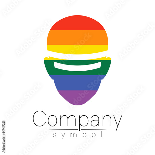 Vector logotype symbol of human head. Virtual reality logo. Person face. Rainbow color isolated on white. Concept sign for business, science, psychology, medicine, VR, technology, LGBT. Creative