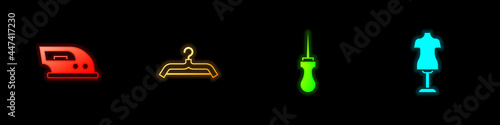 Set Electric iron, Hanger wardrobe, Awl tool and Mannequin icon. Vector