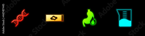 Set DNA symbol, Blood test and virus, Stomach heartburn and Laboratory glassware or beaker icon. Vector