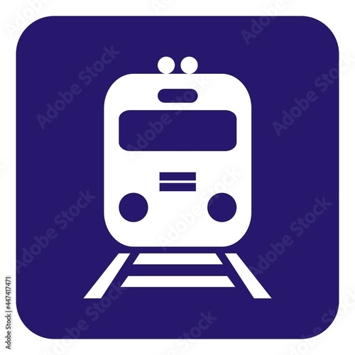 train platform, white silhouette of locomotive on blue background, vector icon