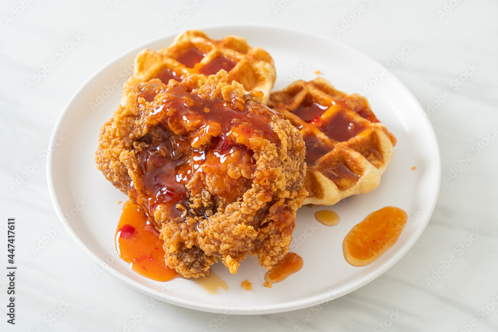 fried chicken with waffle and spicy sauce fried chicken with waffle and spicy sauce