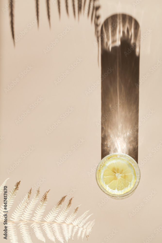glass of water with lemon slices on beige background with sunlight and deep shadow of leaves, summer lemonade, Ice drink, copy space