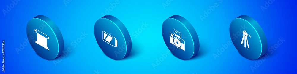 Set Isometric Empty photo studio, Photo camera with flash, Tripod and Battery for icon. Vector Set Isometric Empty photo studio, Photo camera with flash, Tripod and Battery for icon. Vector