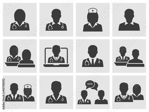 Doctor and Nurse icon set. Collection of sick, therapist, surgeon, professional and more. Vector illustration.