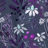 Seamless pattern. Wildflowers. Floral pattern, twigs and flowers, chamomile drawing, paper texture.