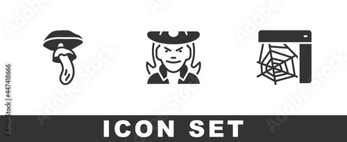 Set Psilocybin mushroom, Witch and Spider web icon. Vector