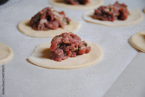 Process of making home-made dumplings, ravioli or pelmeni with minced meat.