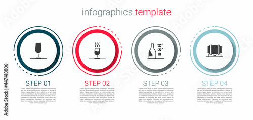 Set Wine glass, tasting, degustation, Bottle of wine and Wooden barrel for. Business infographic template. Vector