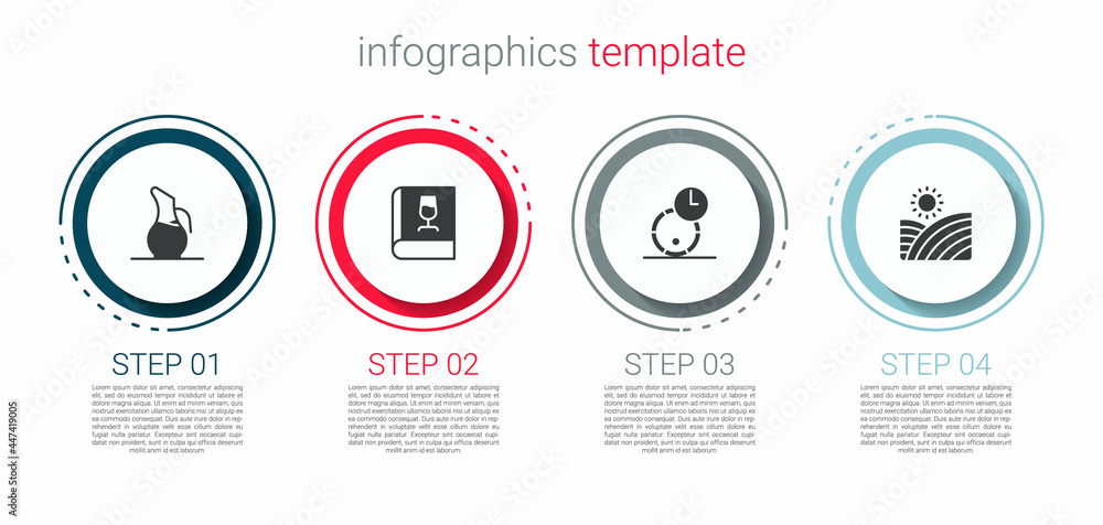 Set Decanter for wine, Book about, Wooden barrel and Vineyard grapes. Business infographic template. Vector Set Decanter for wine, Book about, Wooden barrel and Vineyard grapes. Business infographic template. Vector