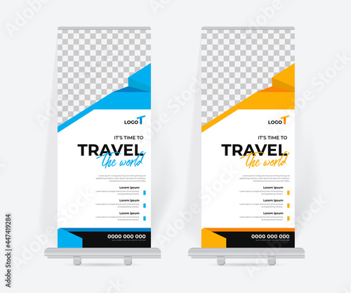 Modern tour and travel roll up banner design template, X-stand design banner for travel agency business