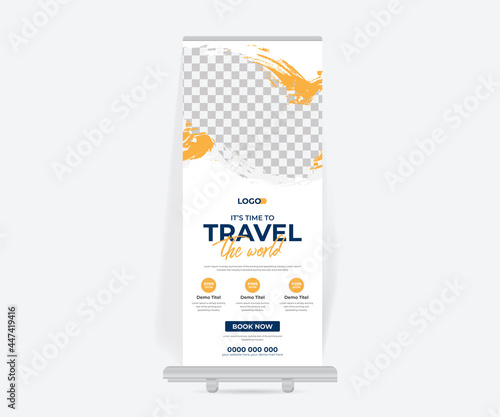 Modern tour and travel roll up banner design template, X-stand design banner for travel agency business
