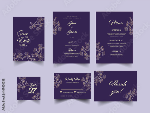Elegant Wedding Invitation Suite In Purple And Golden Color.