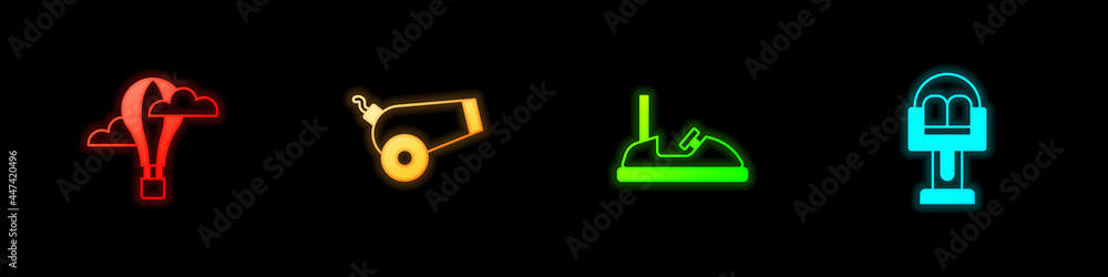 Set Hot air balloon, Cannon, Bumper car and Attraction carousel icon. Vector Set Hot air balloon, Cannon, Bumper car and Attraction carousel icon. Vector
