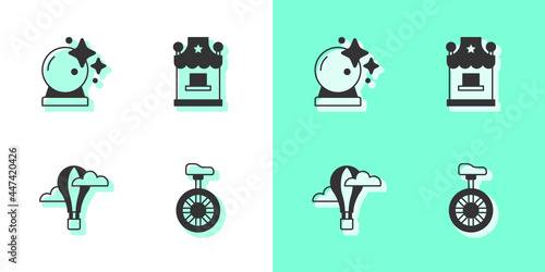 Set Unicycle or one wheel bicycle, Magic ball, Hot air balloon and Ticket box office icon. Vector