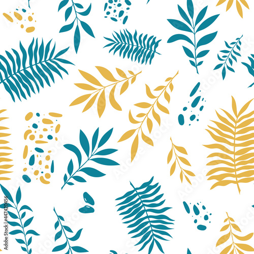 Vector seamless pattern with tropical twigs, abstract elements, creative design for background, wallpaper, cover, clothes in blue, yellow.