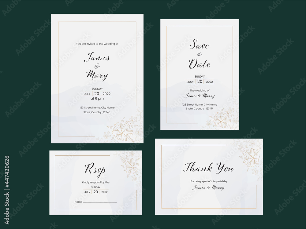 Wedding Invitation Suite Template Layout On Green Background.