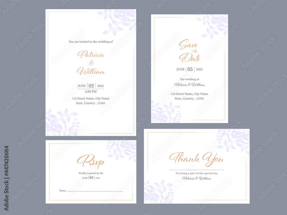 Set Of Wedding Invitation Card Template Layout In White Color.