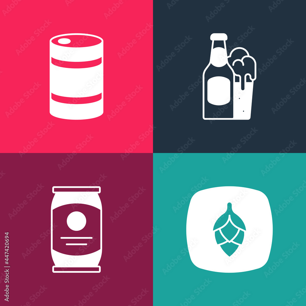 Set pop art Hop, Beer can, bottle and glass and Metal beer keg icon. Vector Set pop art Hop, Beer can, bottle and glass and Metal beer keg icon. Vector