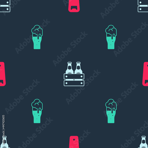 Set Bottle opener, Pack of beer bottles and Glass on seamless pattern. Vector