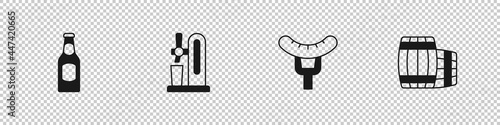 Set Beer bottle, tap with glass, Sausage on the fork and Wooden barrel icon. Vector