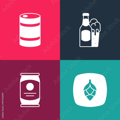 Set pop art Hop, Beer can, bottle and glass and Metal beer keg icon. Vector