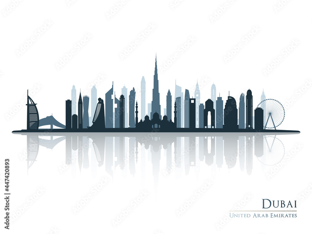Dubai skyline silhouette with reflection. Landscape Dubai, UAE. Vector illustration.