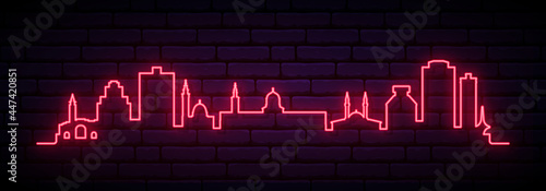 Red neon skyline of Damascus. Bright Damascus City long banner. Vector illustration.