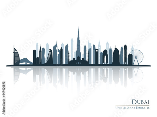 Dubai skyline silhouette with reflection. Landscape Dubai, UAE. Vector illustration.
