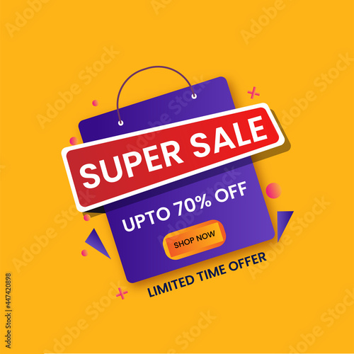 UP TO 70% Off For Super Sale Poster Design With Purple Shopping Bag.