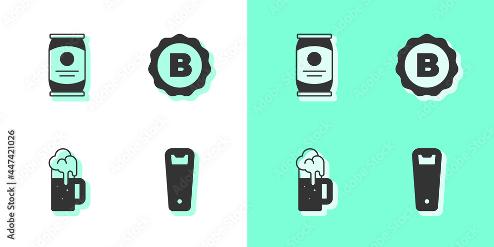 Set Bottle opener, Beer can, Wooden beer mug and cap with icon. Vector Set Bottle opener, Beer can, Wooden beer mug and cap with icon. Vector