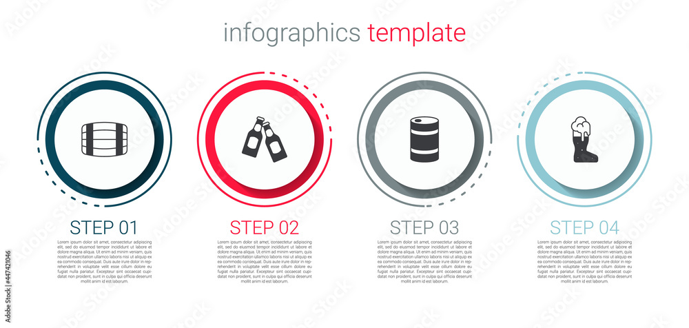 Set Wooden barrel, Beer bottle, Metal beer keg and Boot glass. Business infographic template. Vector Set Wooden barrel, Beer bottle, Metal beer keg and Boot glass. Business infographic template. Vector
