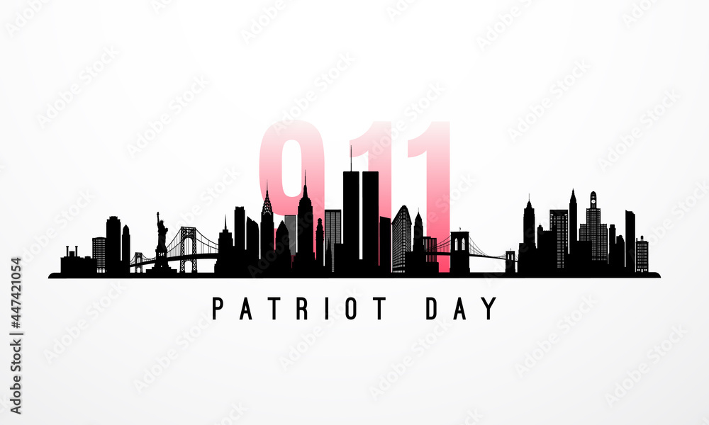 Vector banner New York skyline and 911 number for Patriot Day. Concept of Remembrance of the World Trade Center terrorist attack.