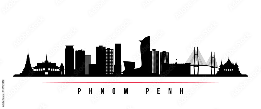Phnom Penh skyline horizontal banner. Black and white silhouette of Phnom Penh, Cambodia. Vector template for your design.