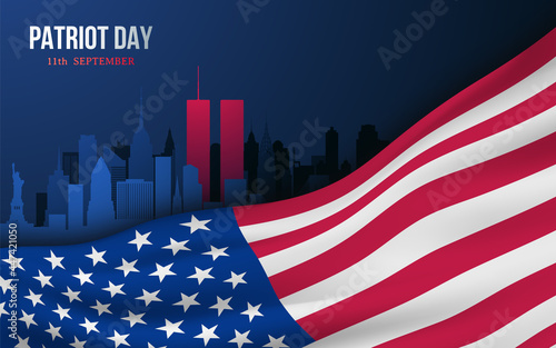 Vector banner design template with american flag and New York skyline for Patriot Day. Remembrance of the World Trade Center terrorist attack.