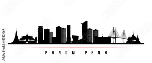 Phnom Penh skyline horizontal banner. Black and white silhouette of Phnom Penh, Cambodia. Vector template for your design. photo