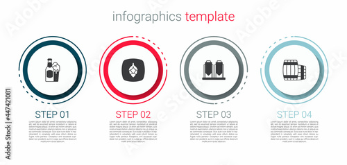 Set Beer bottle and glass, Hop, brewing process and Wooden barrel. Business infographic template. Vector